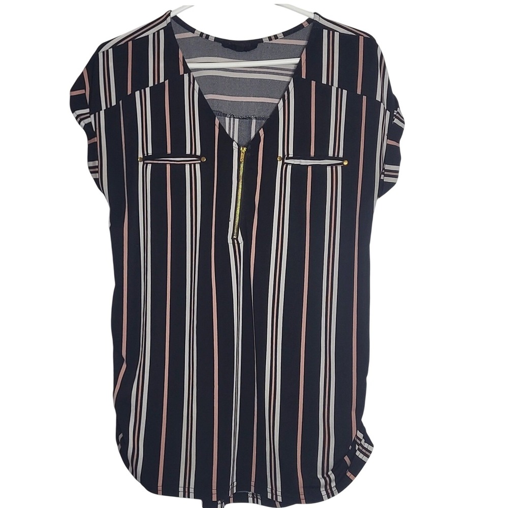 Sweet Wanderer Maternity Striped Half Zip Blouse Black Pink Large TB3205M-F